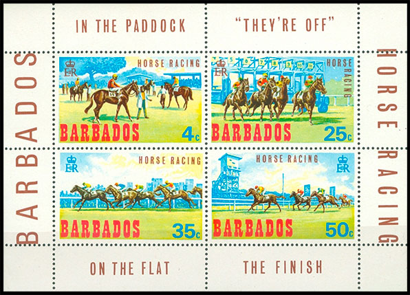 Скачки. Почтовые марки Барбадоса.