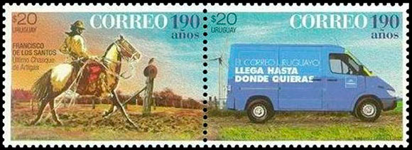 190 лет почтовой службе Уругвая. Почтовые марки Уругвая.