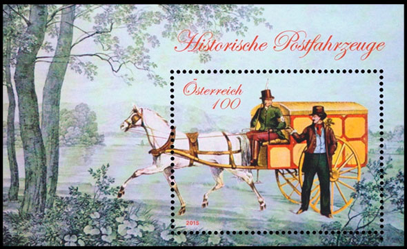 Historical Postal Vehicles. Postage stamps of Austria.