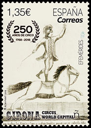 250th anniversary of Circus. Girona circus world capital. Postage stamps of Spain.