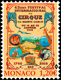 42-й Международный цирковой фестиваль в Монте-Карло. Почтовые марки Монако 2018-01-03 12:00:00