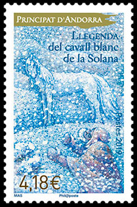 Легенды Андорры. Легенда о белой лошади Солана. Почтовые марки Андорры (француской).