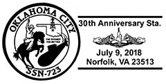 USS Oklahoma City (SSN 723) 30th Anniversary. Postmarks of USA 09.07.2018