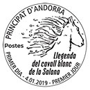 	 Legends of Andorra: The White Horse of Solana. Postmarks of Andorra. French Post 04.01.2019