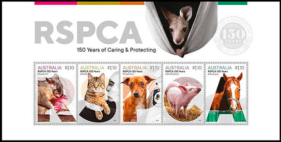 150 лет Королевскому обществу по предотвращению жестокого обращения с животными (RSPCA). Почтовые марки Австралии.