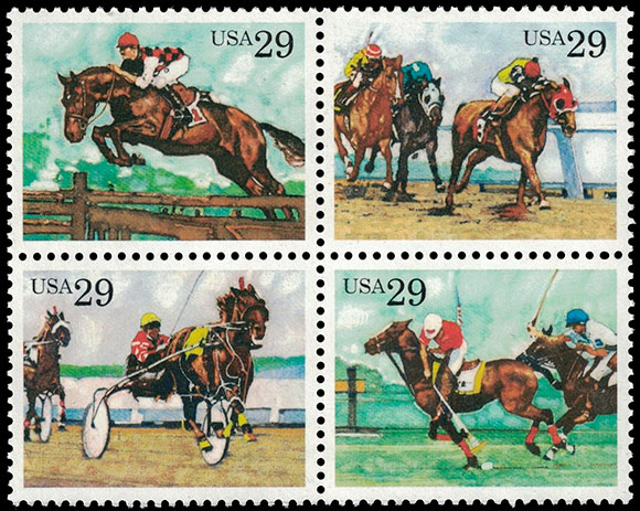 Спортивные лошади. Почтовые марки США.