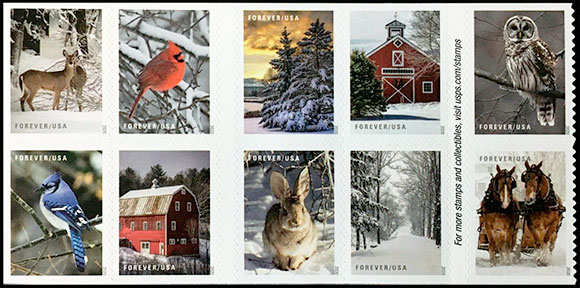 Зимние сцены. Почтовые марки США.