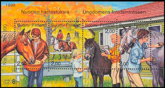 Увлечения молодежи - верховая езда. Почтовые марки Финляндии.