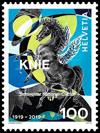 100 years Swiss National Circus Knie. Postage stamps of Switzerland.