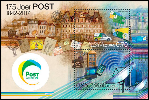 The 175th Anniversary of the postal service in Luxembourg. Postage stamps of Luxembourg.