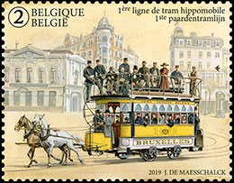 150th Anniversary of first horse-drawn tram in Brussels. Postage stamps of Belgium.