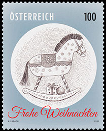 Рождество. Лошадка-качалка. Почтовые марки Австрии.
