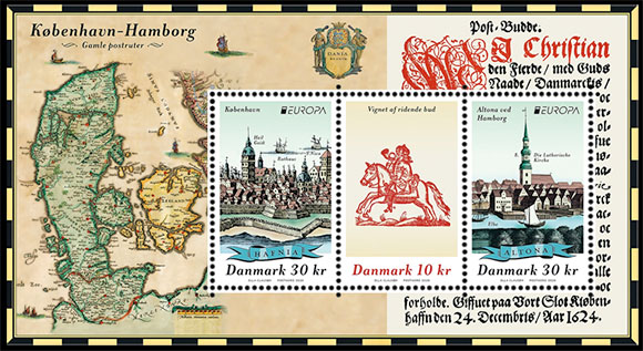 Европа. Древние почтовые маршруты. Почтовые марки Дании.