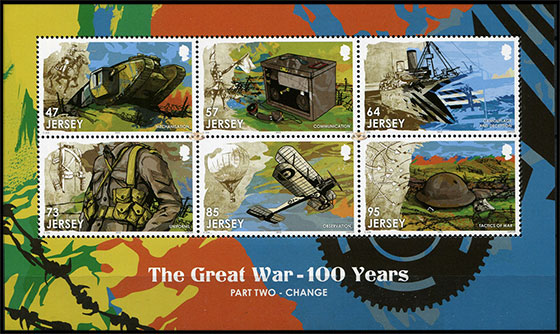 The 100th Anniversary of World War I. Change. Postage stamps of Great Britain. Jersey.