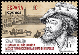 500 лет прибытия Эрнана Кортеса в Мексику и основания города Веракрус. Почтовые марки Испании.
