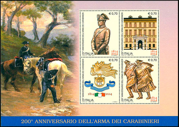 200 лет итальянским карабинерам. Почтовые марки Италии.