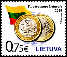 Introduction of Euro . Postage stamps of Lithuania.