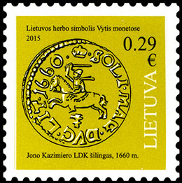 Coins. Lithuanian State Symbol - Vytis.. Postage stamps of Lithuania.