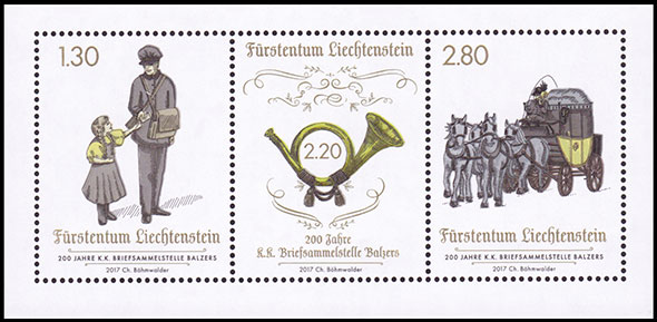 200 лет почтовой станции в Бальцерсе. Почтовые марки Лихтенштейна.